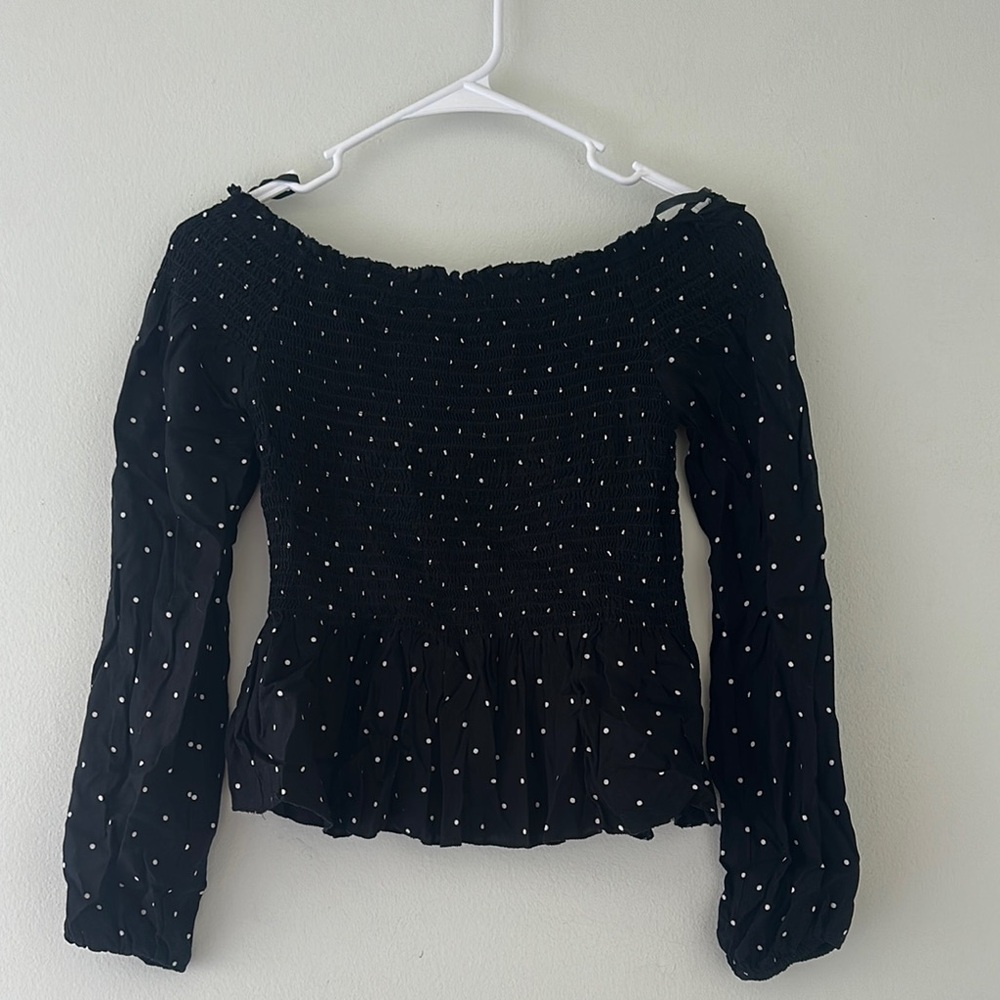 Japna Black and White Ruffled Smocked Blouse